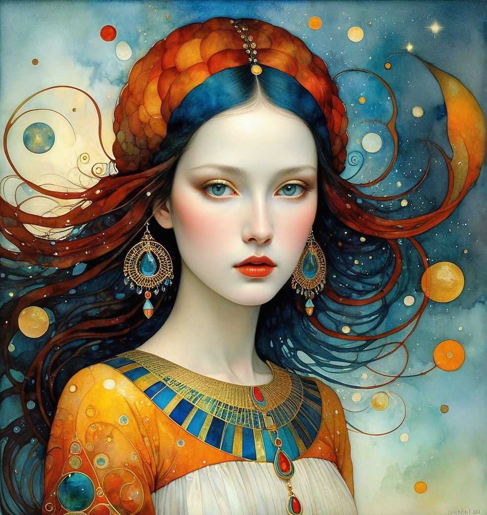 Portrait of a woman with auburn hair and ornate headdress