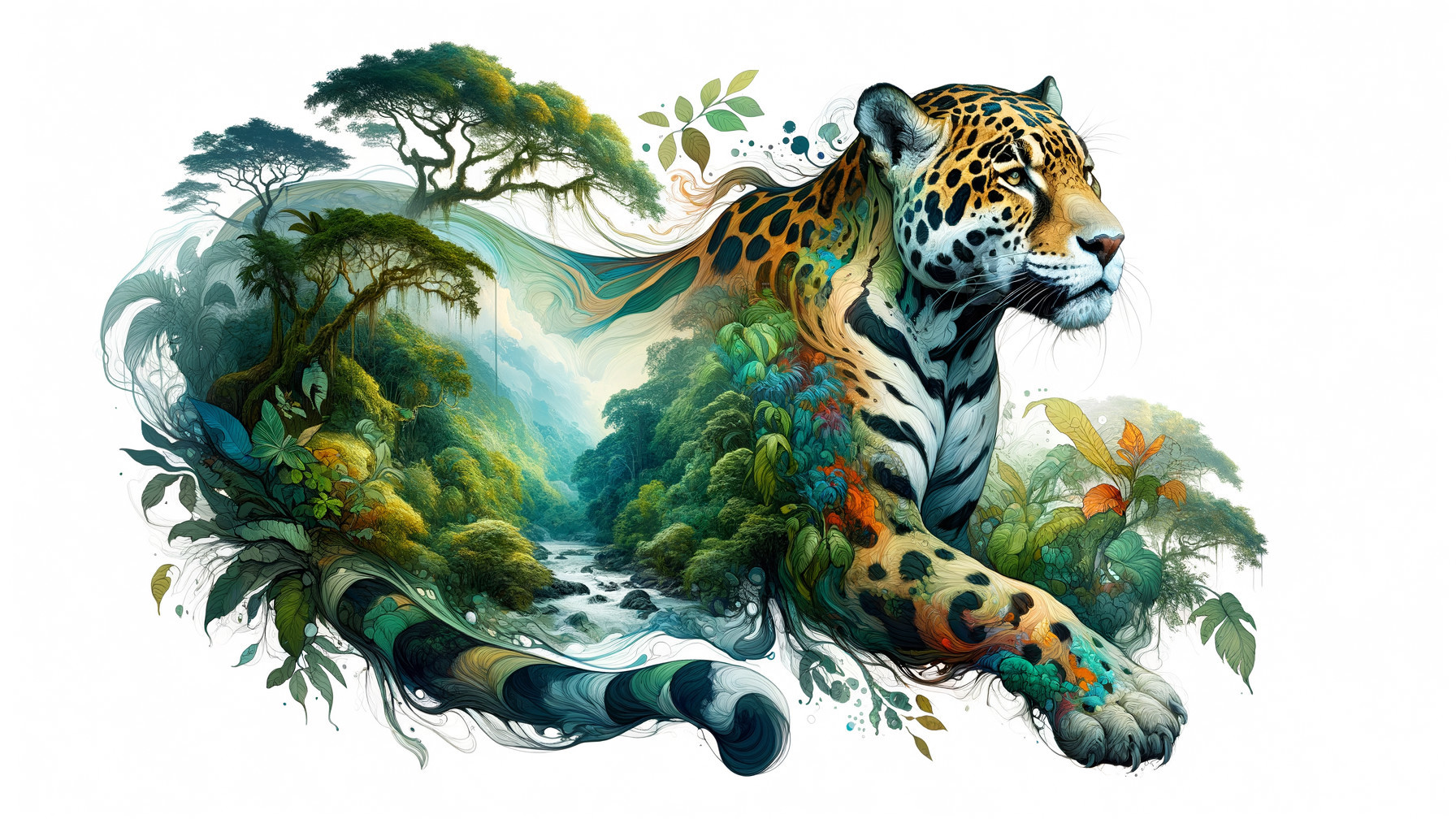 Jaguar in Lush Jungle with Vibrant Ecosystem Elements