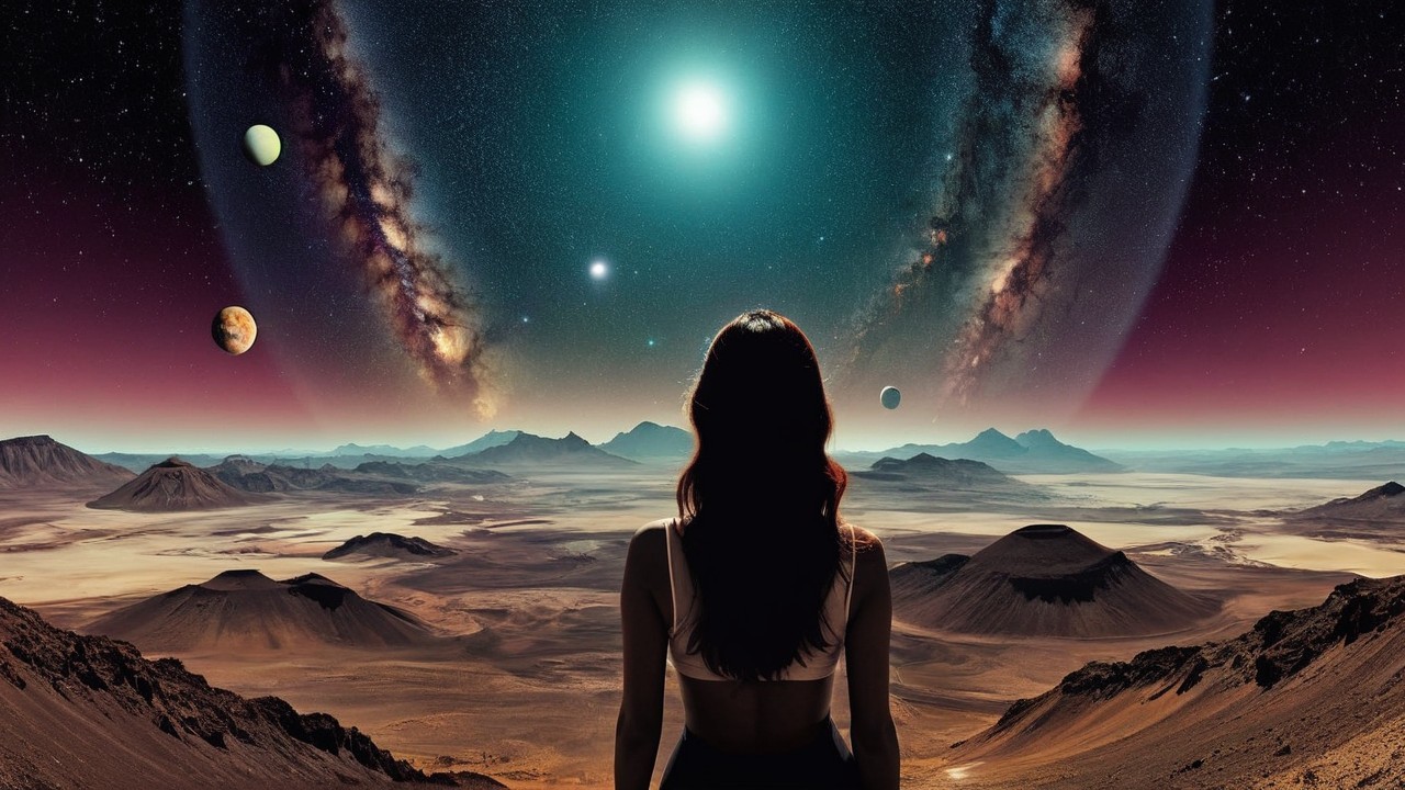 Figure in a mountainous landscape under a cosmic sky
