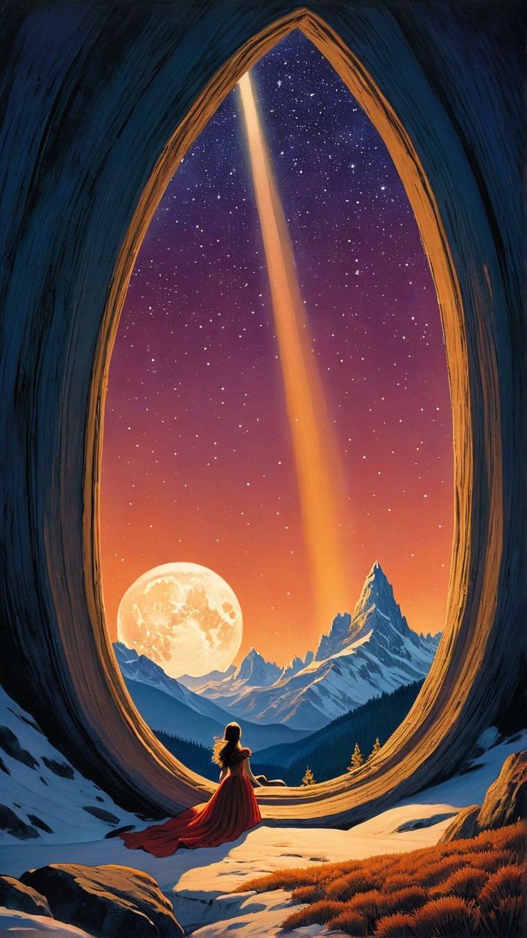 Serene Figure in Red Dress Beneath Radiant Moon
