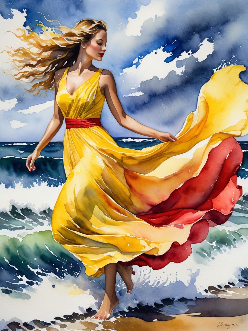 Woman in Yellow Dress at Ocean's Edge with Waves