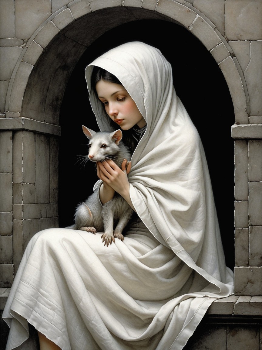 Serene Young Girl in White Garment in Stone Alcove