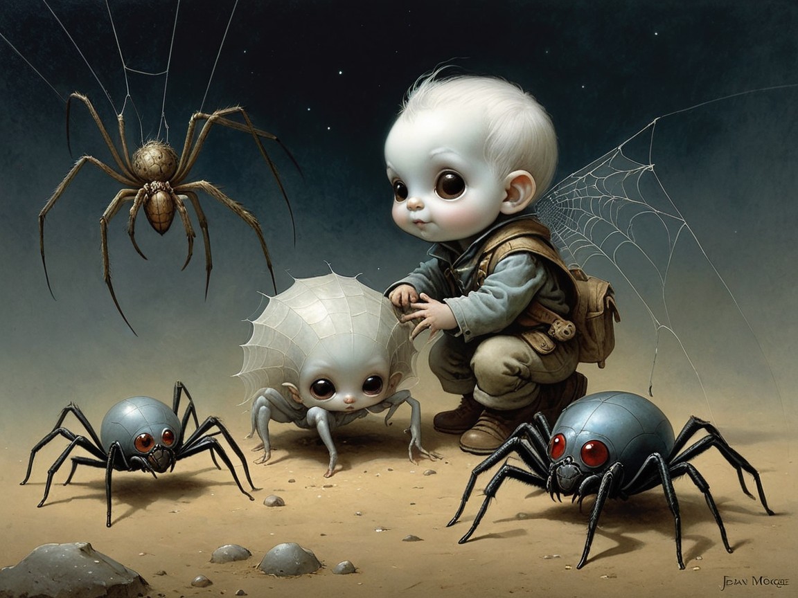 Surreal Scene of Child with Cartoonish Spiders
