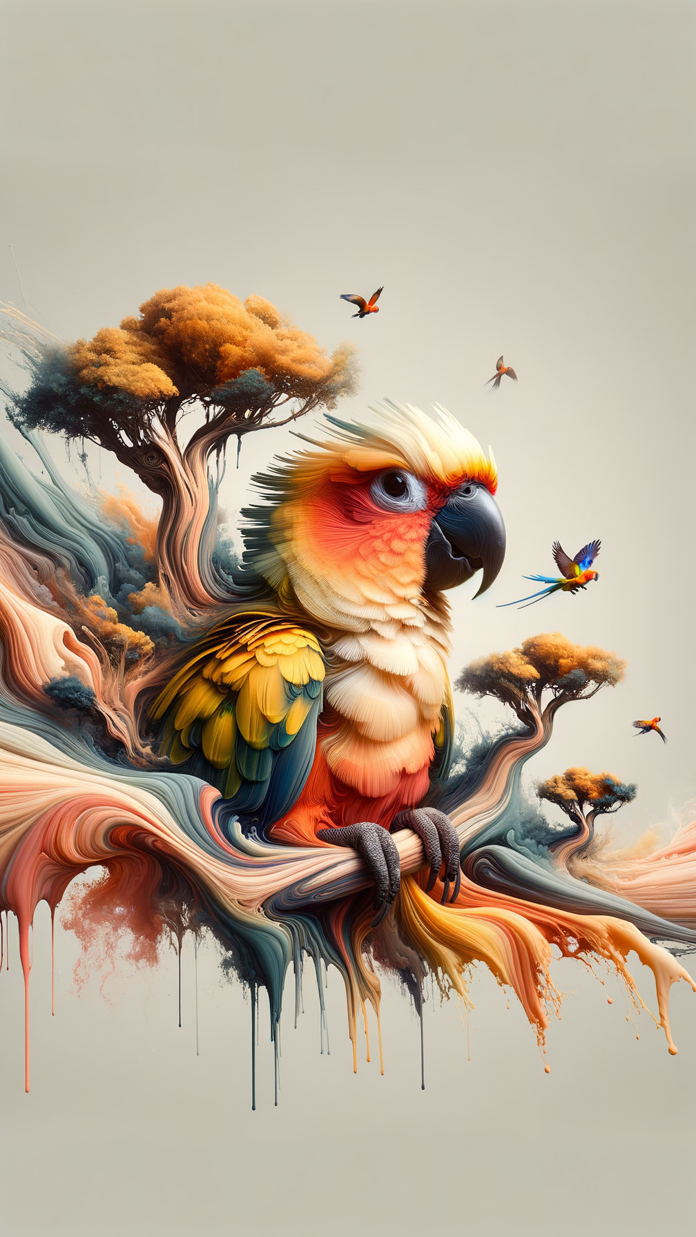 Vibrant Parrot with Whimsical Surroundings and Trees