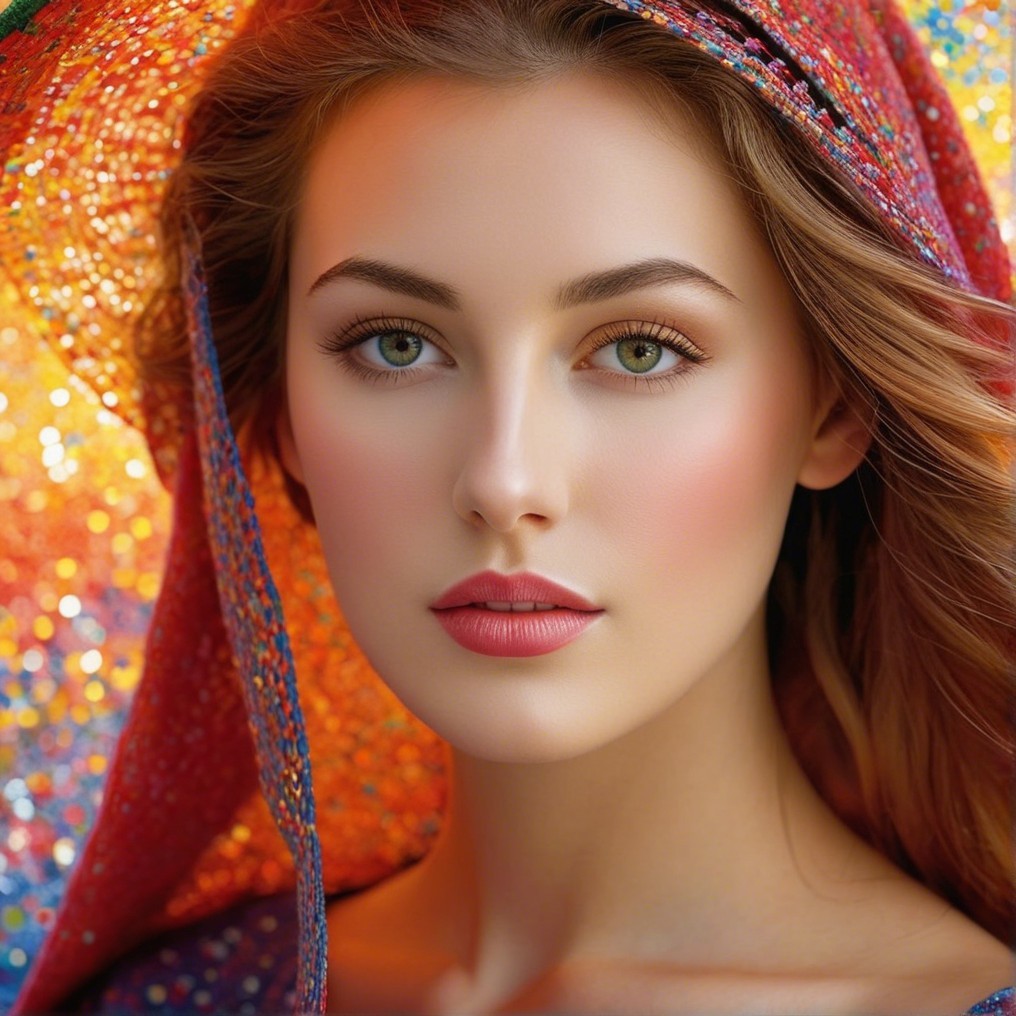 Young woman with green eyes and colorful hat portrait