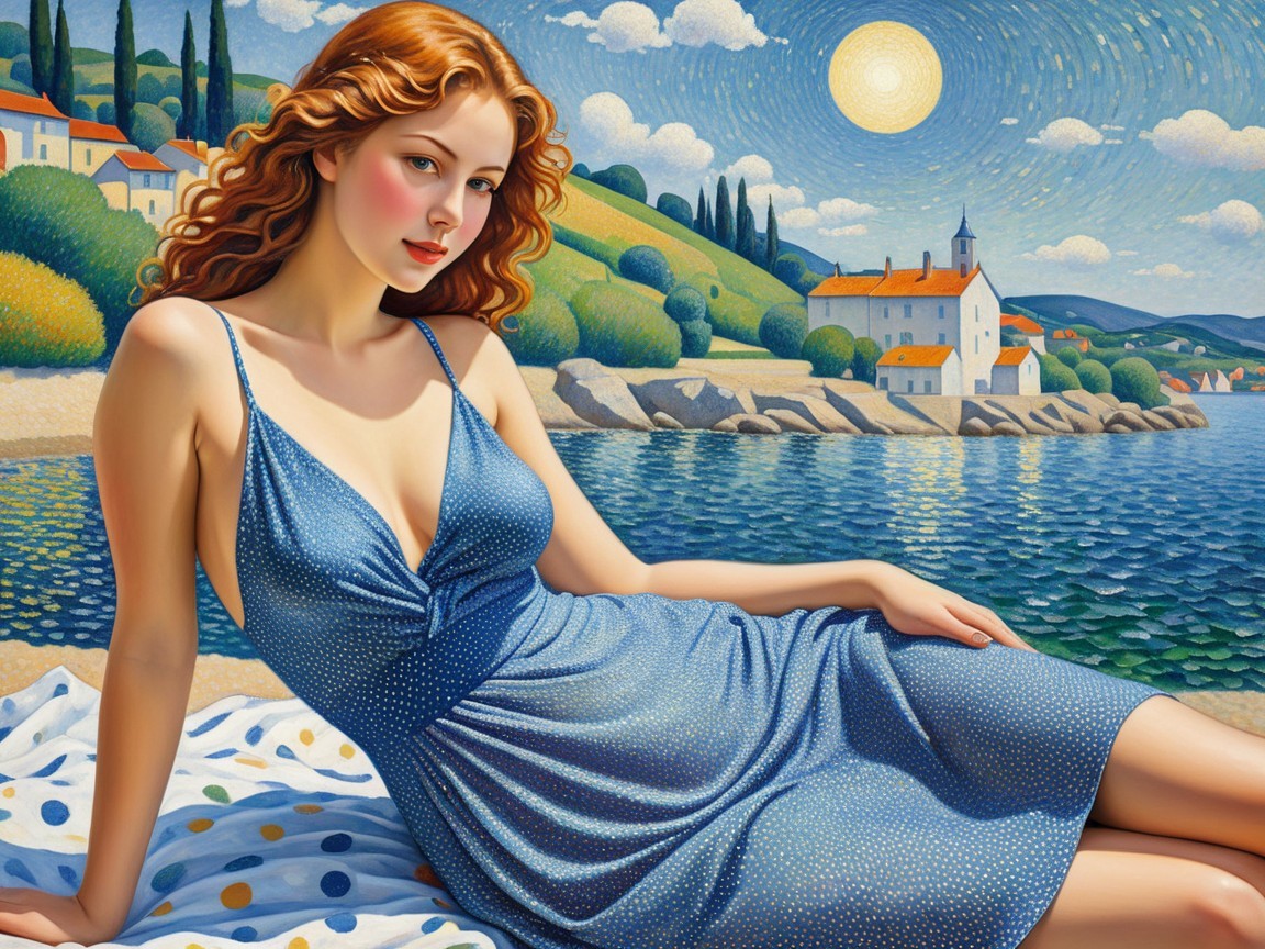 Young woman in blue dress by tranquil waterscape