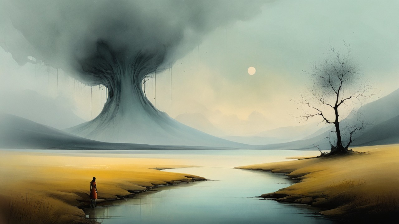 Serene landscape with river, fields, and ominous tree