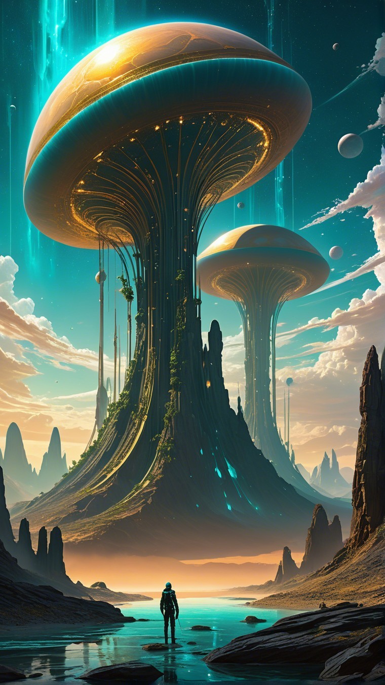 Alien Landscape with Luminescent Mushrooms and Cosmic Sky