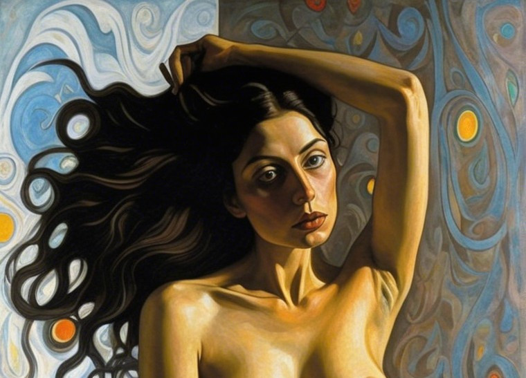 Portrait of a Woman with Dark Hair and Intricate Background