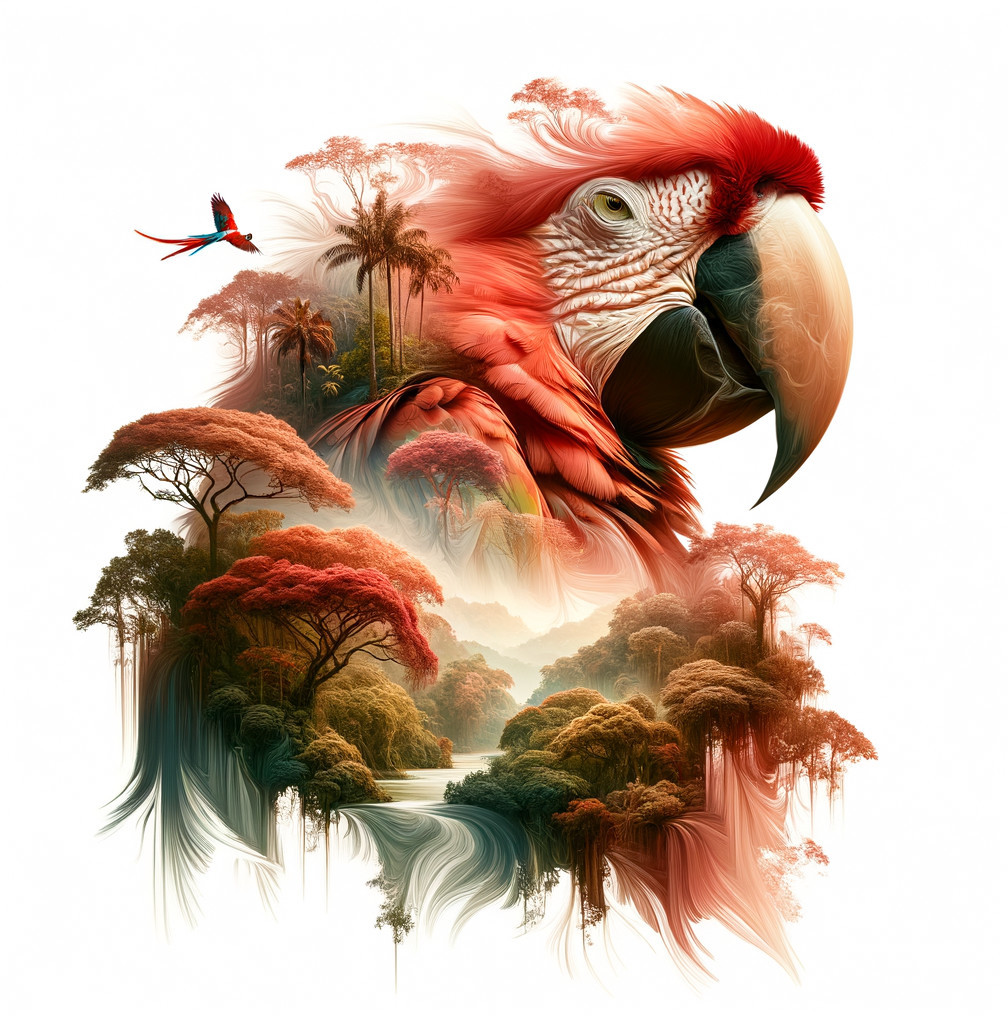 Vibrant Parrot Head Surrounded by Tropical Foliage