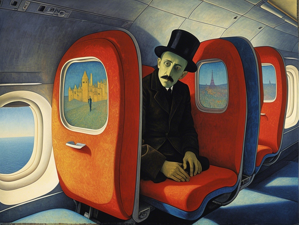 Surreal Airplane Interior with Red Seats and Landscape
