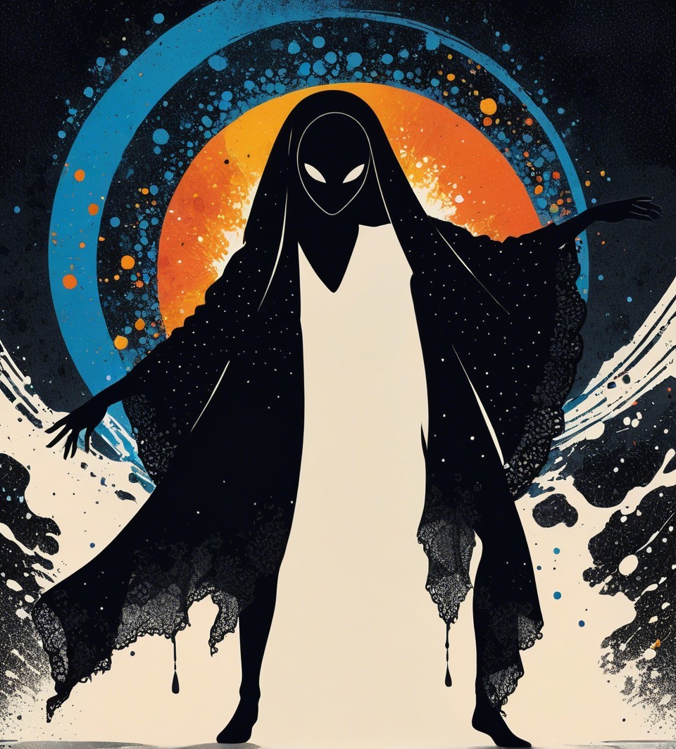 Silhouette of a Cloaked Figure Against Vibrant Colors