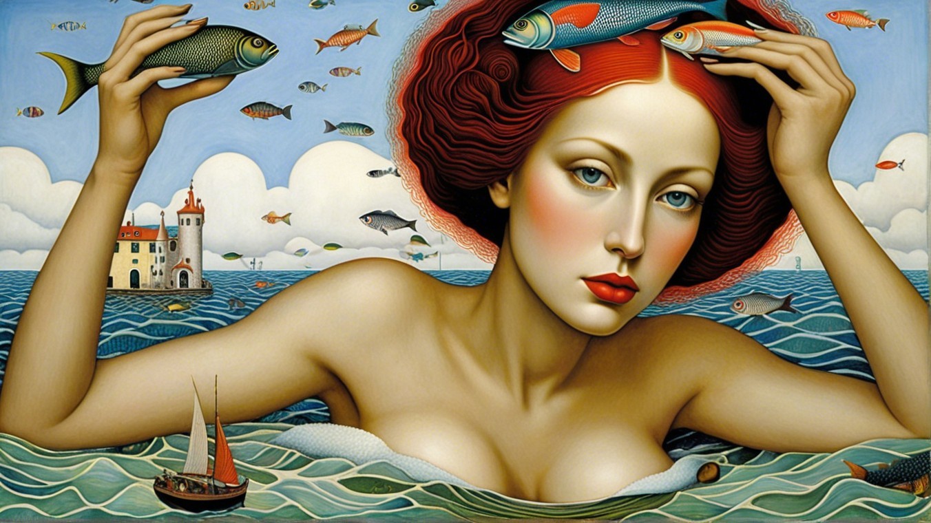 Surreal Scene of Woman in Blue Waters with Fish