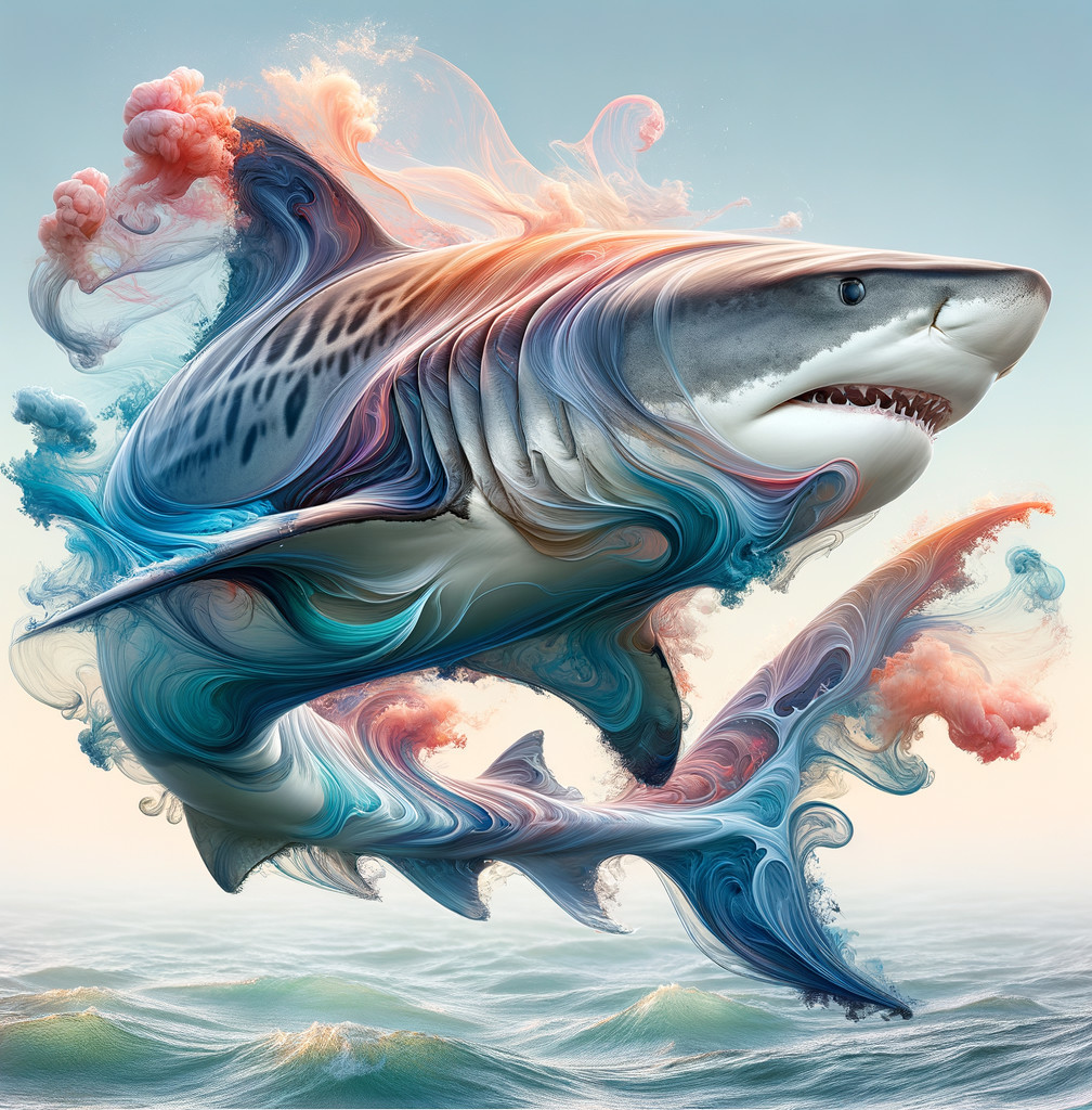 Stylized Shark Emerging from Colorful Ocean Waves