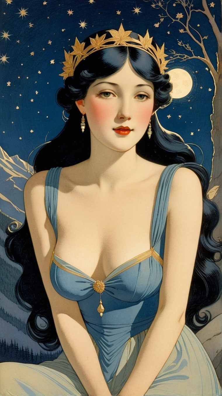 Illustration of a woman in a blue gown under a starry sky