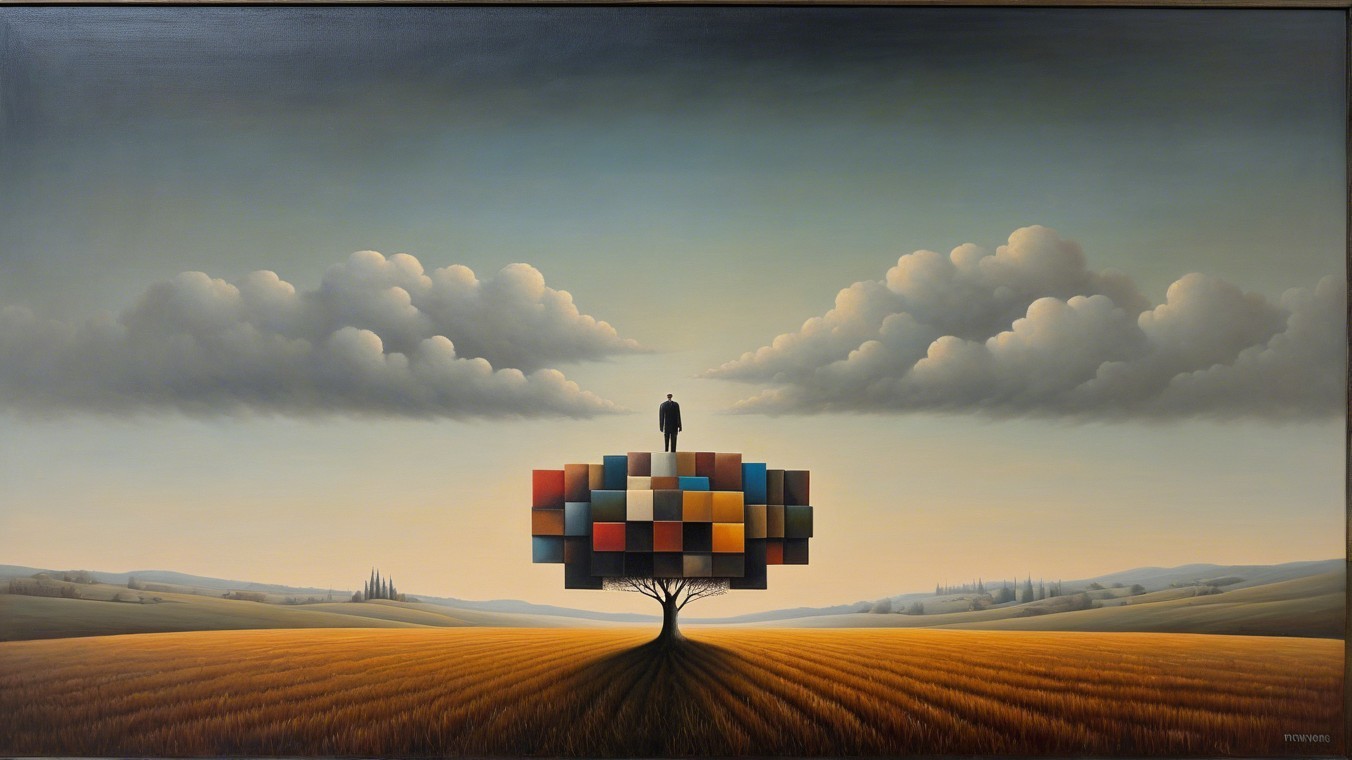Surreal Landscape with Geometric Tree and Figure