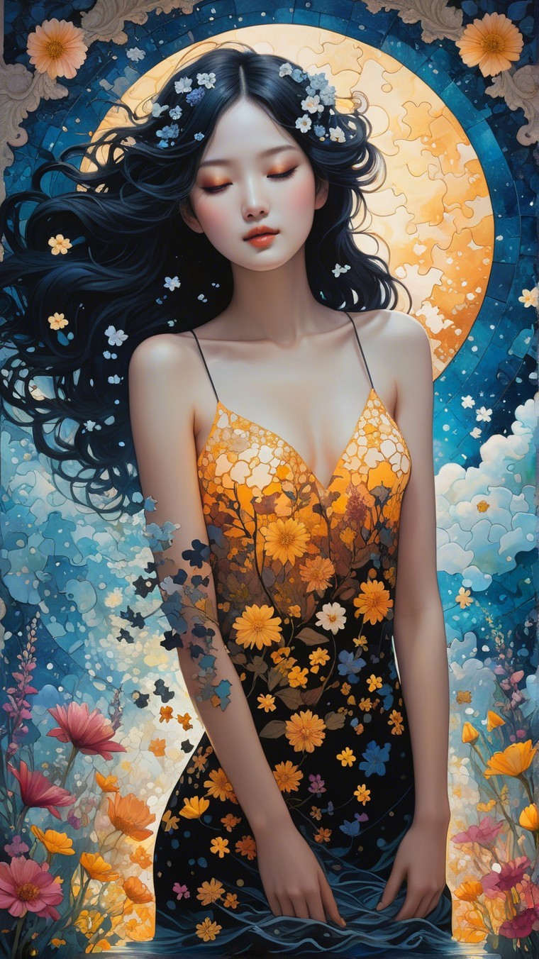 Serene woman in floral dress with luminous moon backdrop