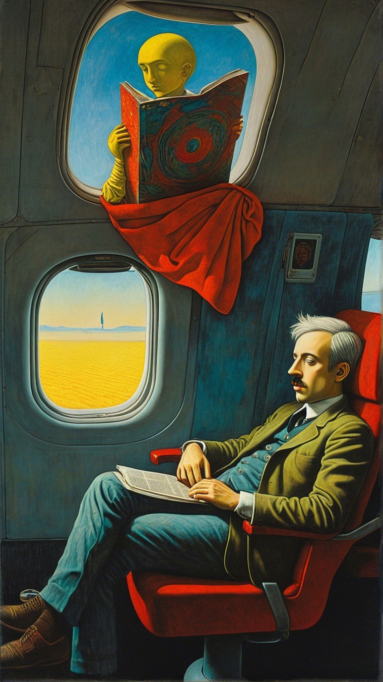 Surreal Airplane Scene with Unusual Characters and Landscape