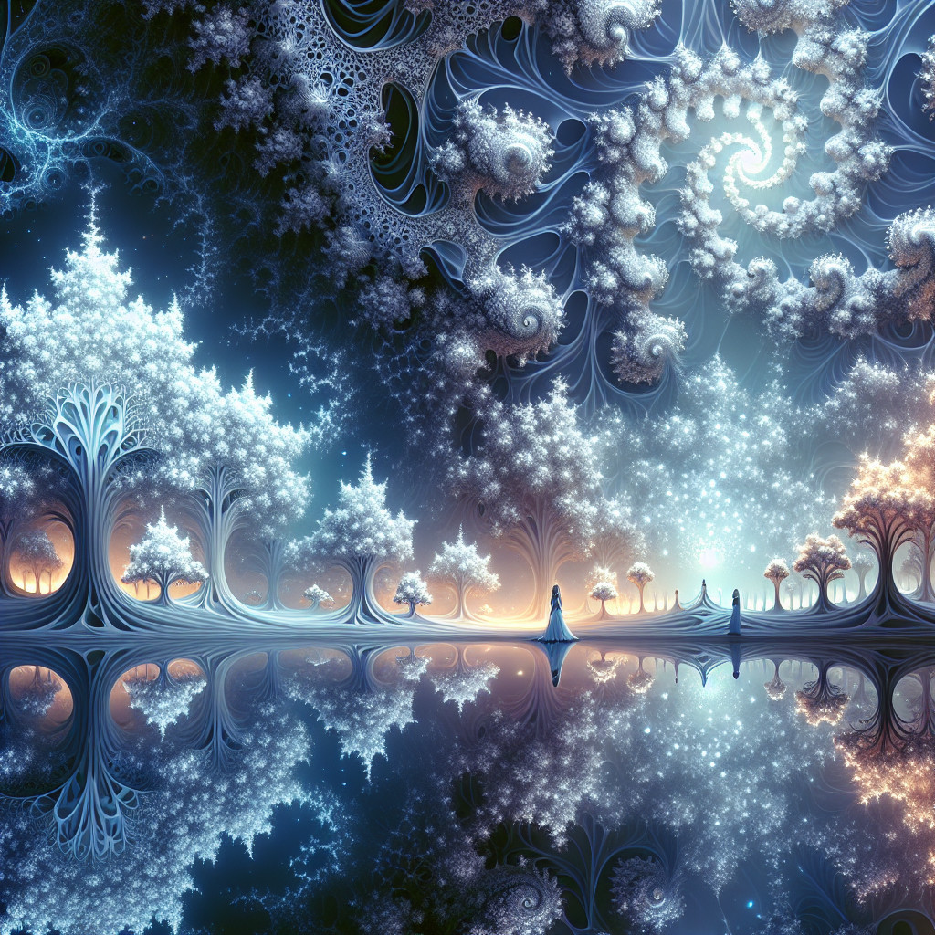 Surreal Landscape with Fractal Trees and Ethereal Sky
