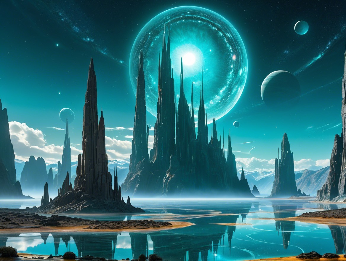 Alien Landscape with Spires and Celestial Bodies