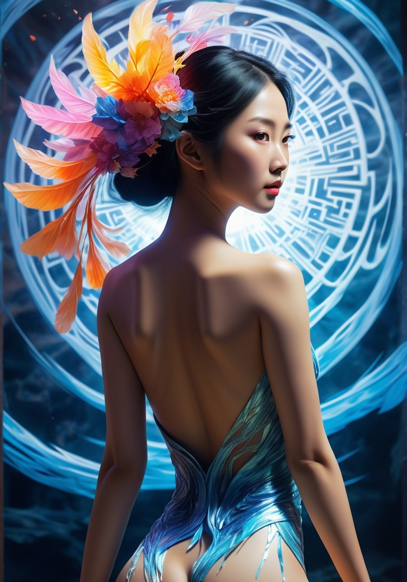 Asian Woman in Colorful Feathered Hair and Bodysuit