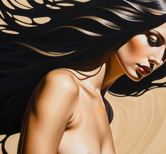 Stylized portrait of a woman with flowing black hair