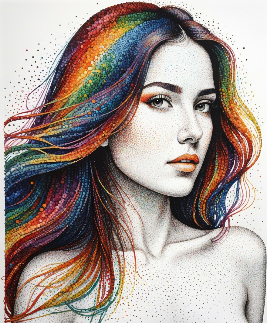 Colorful Dot Portrait of a Woman with Flowing Hair