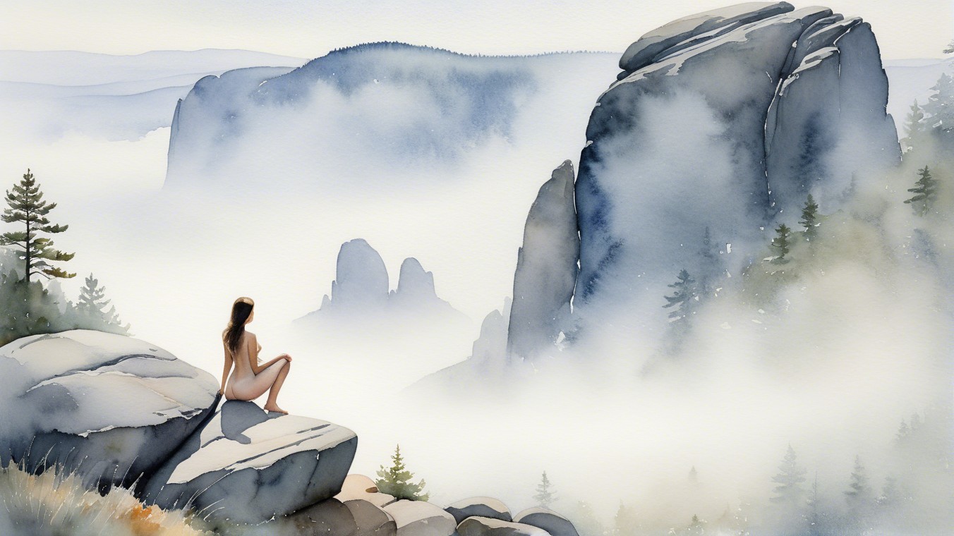 Watercolor Landscape of a Figure by Misty Cliffs