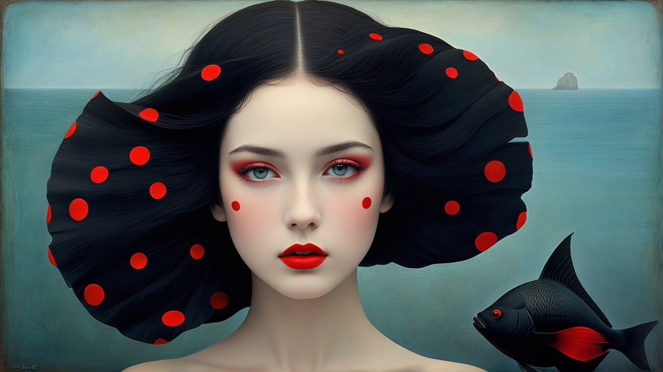 Surreal Portrait of a Woman with Polka Dots and Fish