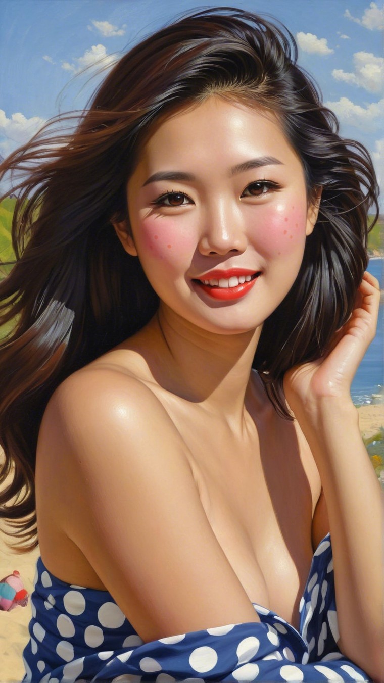 Cheerful Young Woman Posing at Vibrant Beach Scene