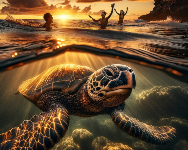 Sunset Scene with Sea Turtle and Swimmers in Ocean