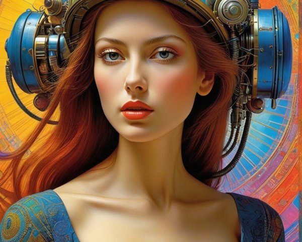 Steampunk Woman in Elaborate Helmet and Blue Dress