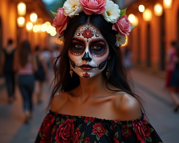 Woman in Día de los Muertos attire in a lit alley