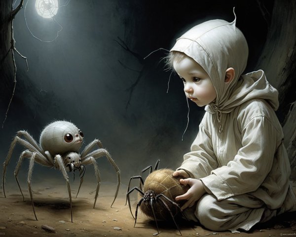 Child Interacting with Friendly Spider in Dim Light