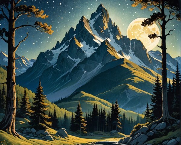Serene Nighttime Landscape with Mountains and Moonlight