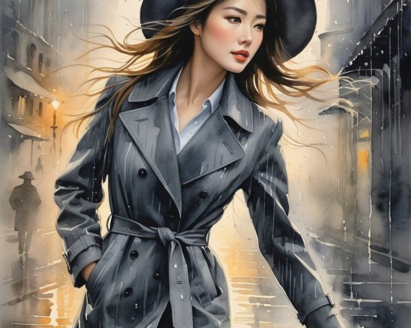 Fashionable Woman in Trench Coat on Rainy Street