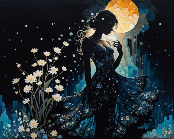 Silhouette of Woman in Floral Dress Against Blue Sky