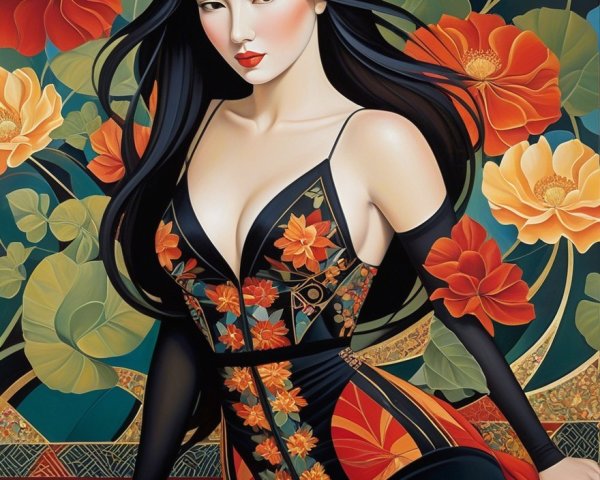 Portrait of a Woman in Floral Dress with Flower Backdrop