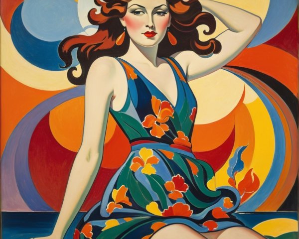Stylized portrait of a woman in vibrant floral dress