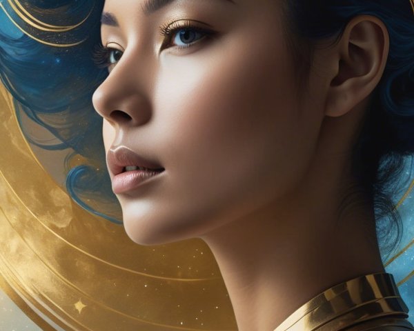 Portrait of a woman with blue hair in golden outfit