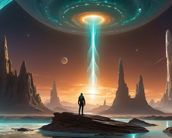 Lone Figure Observing Glowing Spaceship at Sunset