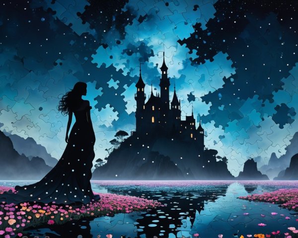 Silhouette of Woman by Lake with Castle and Flowers