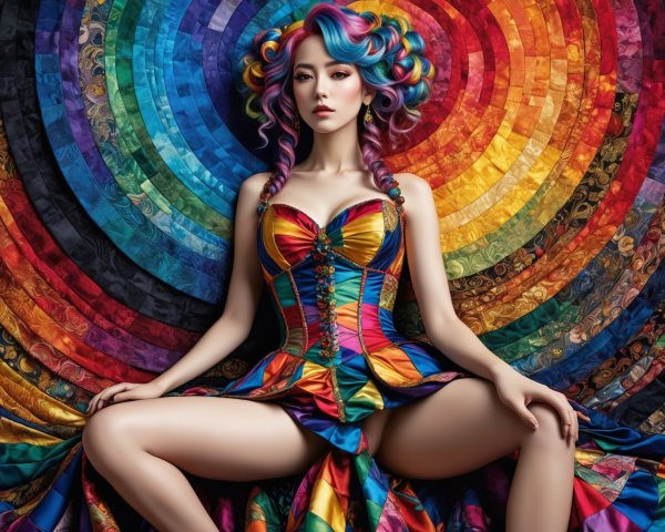 Mixed Media Artwork of Woman with Patchwork Quilt