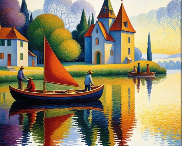 Serene Landscape with Boats and Charming Church