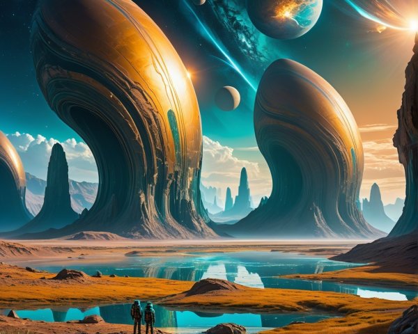 Alien Landscape with Glossy Shell Structures and Planets