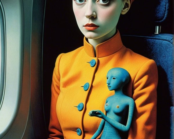 Surreal Scene of Young Woman by Airplane Window