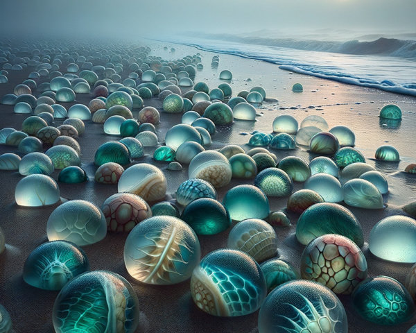 Surreal Beach Landscape with Translucent Spheres