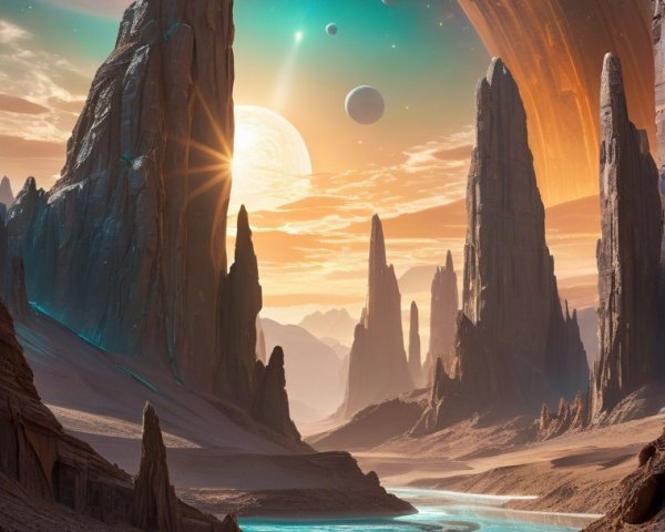 Alien Landscape with Towering Formations and River