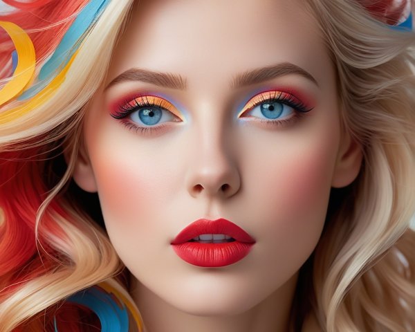 Model with Blue Eyes and Bold Red Lips in Colorful Look
