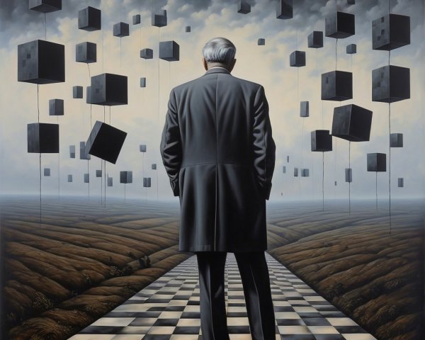 Solitary Figure in Surreal Checkerboard Landscape